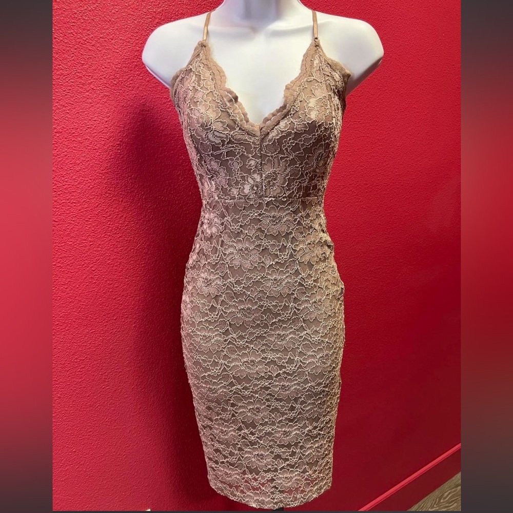 Windsor Dusty Mauve Taupe Lace Dress with Adjustable Criss Cross Straps